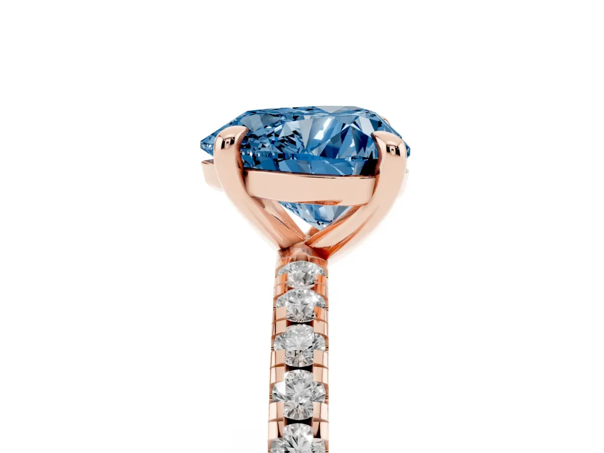 Fancy Blue Heart Cut Diamond Brilliant Solitaire Ring with Pavé Band and Four-Prong Setting Rose gold