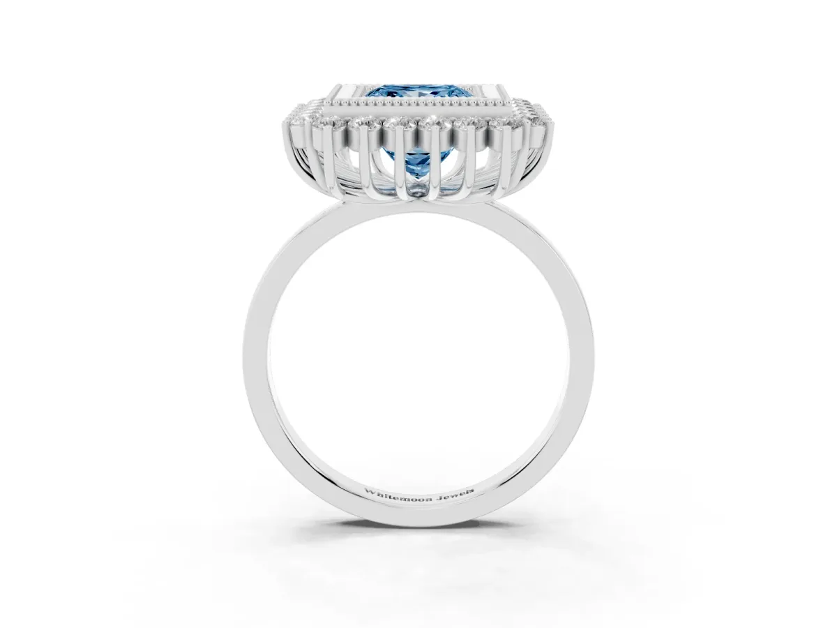 Fancy Blue Princess Cut Halo Diamond Ring with Milgrain Edge and Round Prong Setting Silver