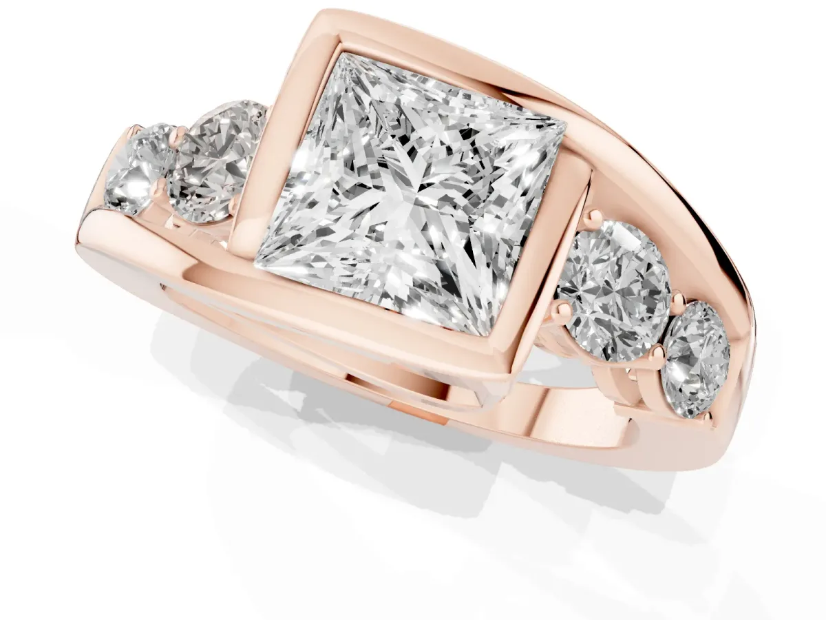 Bezel Set Princess Cut Diamond Bypass Ring with Round Accents Rose gold