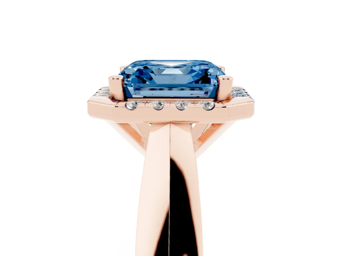 Fancy Blue Asscher Cut Cut Halo Solitaire Engagement Ring with Square Band and Four-Prong Setting Rose gold