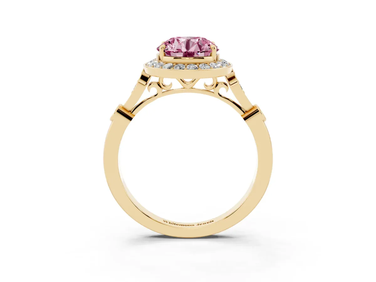 Fancy Pink Round Cut Halo Diamond Engagement Ring with Twisted Band and Four-Prong Setting Yellow gold