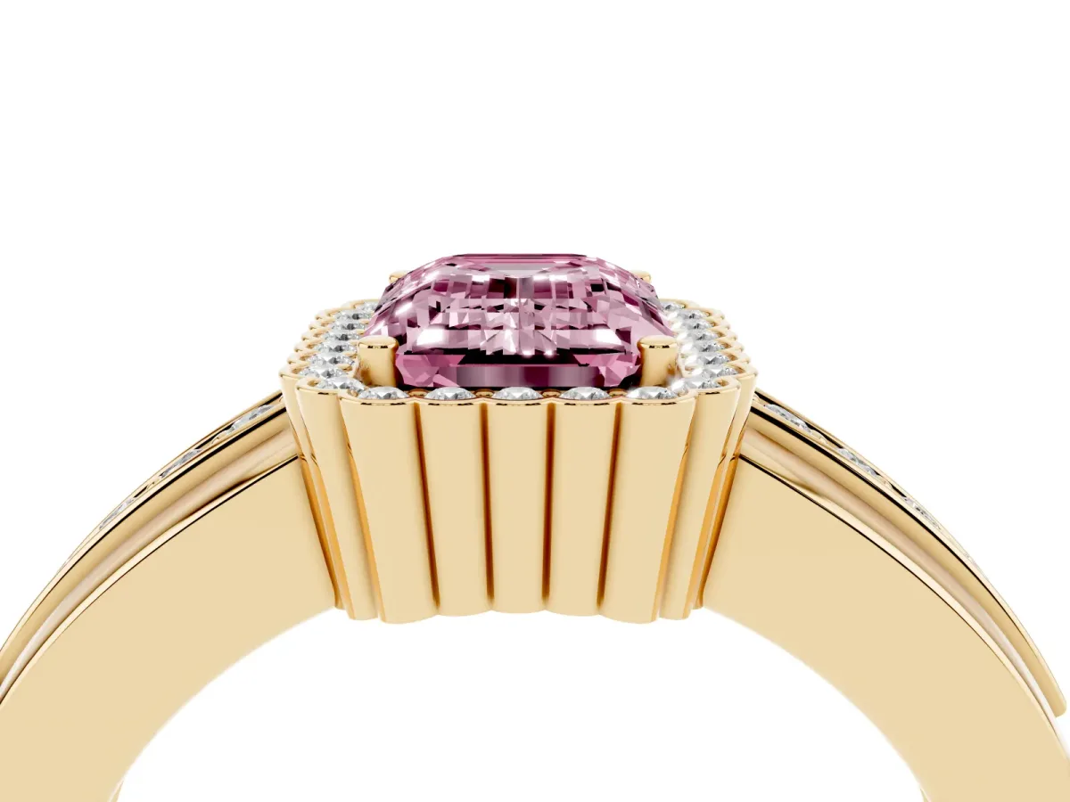 Fancy Pink Emerald Cut Cut Halo Pave Band Four-Prong Ring Yellow gold