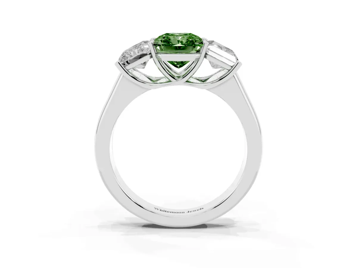 Fancy Green Radiant Cut Three-Stone Diamond Ring with Prong Setting on a Classic Band Silver