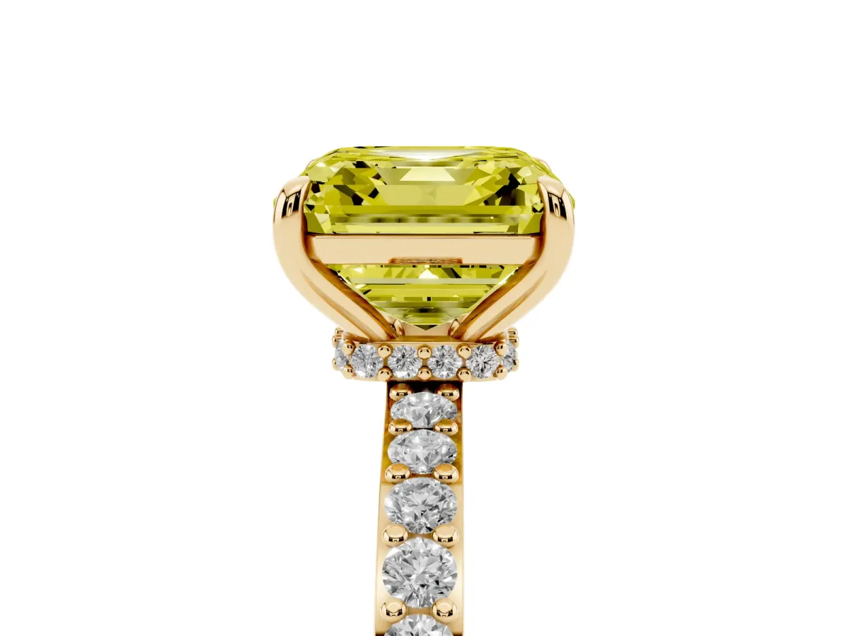 Fancy Yellow Asscher Cut Diamond Solitaire Engagement Ring with Pavé Band and Four-Prong Setting Yellow gold