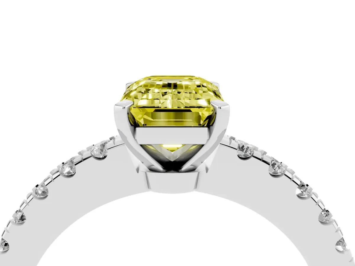 Fancy Yellow Emerald Cut Solitaire Diamond with Pavé Band and Four-Prong Setting Silver