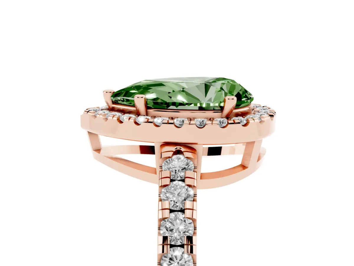 Fancy Green Pear Cut Diamond Halo Ring with Pavé Band and Four-Prong Setting Rose gold
