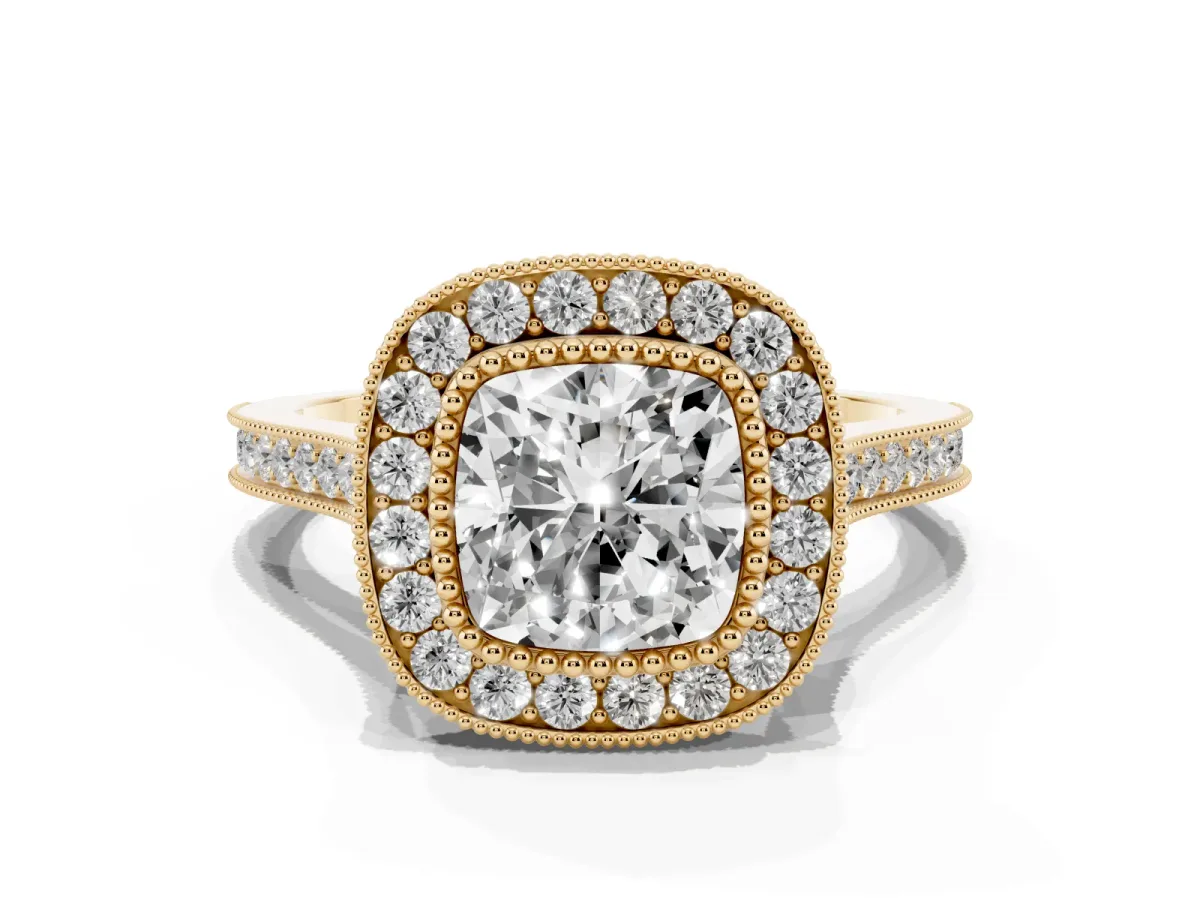Cushion Cut Diamond Halo Ring with Milgrain Frame and Pavé Band Yellow gold
