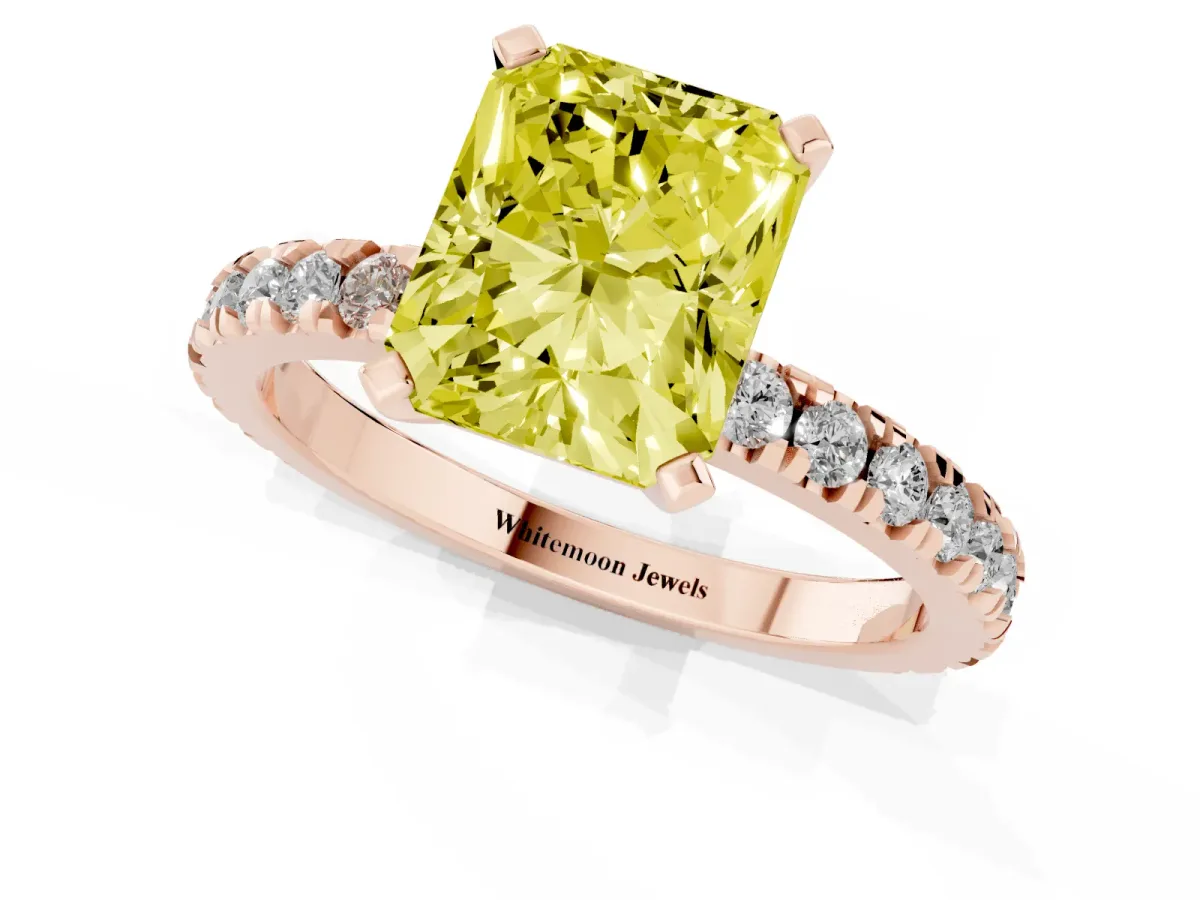 Fancy Yellow Radiant Cut Diamond Pavé Band Solitaire with Four-Prong Setting Rose gold