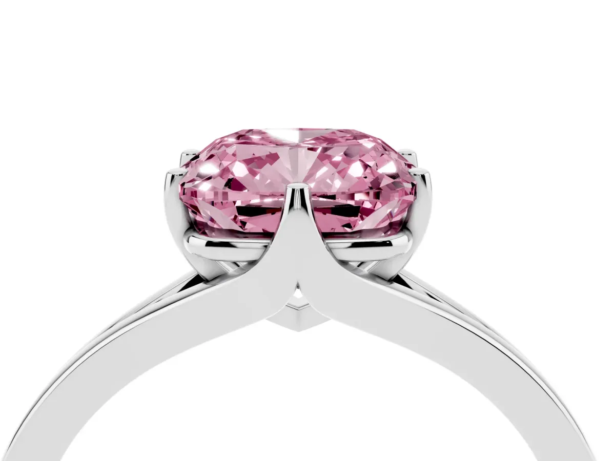 Fancy Pink Cushion Cut Solitaire Diamond Ring with Six-Prong Setting and Tapered Band Platinum