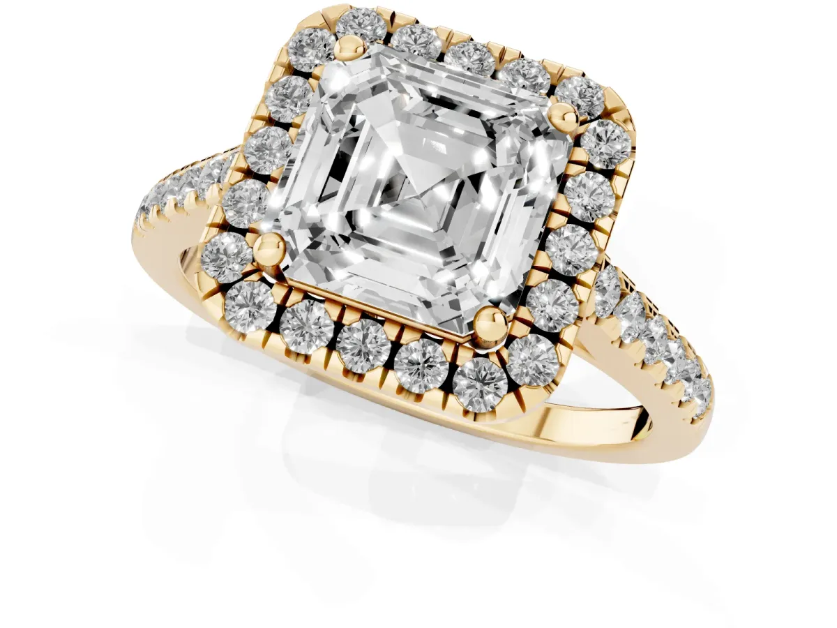 Asscher Cut Halo Pavé Diamond Engagement Ring with Four-Prong Setting Yellow gold