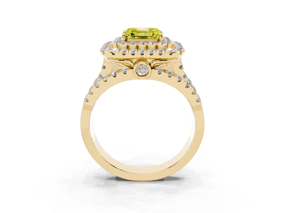 Fancy Yellow Asscher Cut Diamond Double Halo Ring with Round Pavé Split Shank and Prong Setting Yellow gold