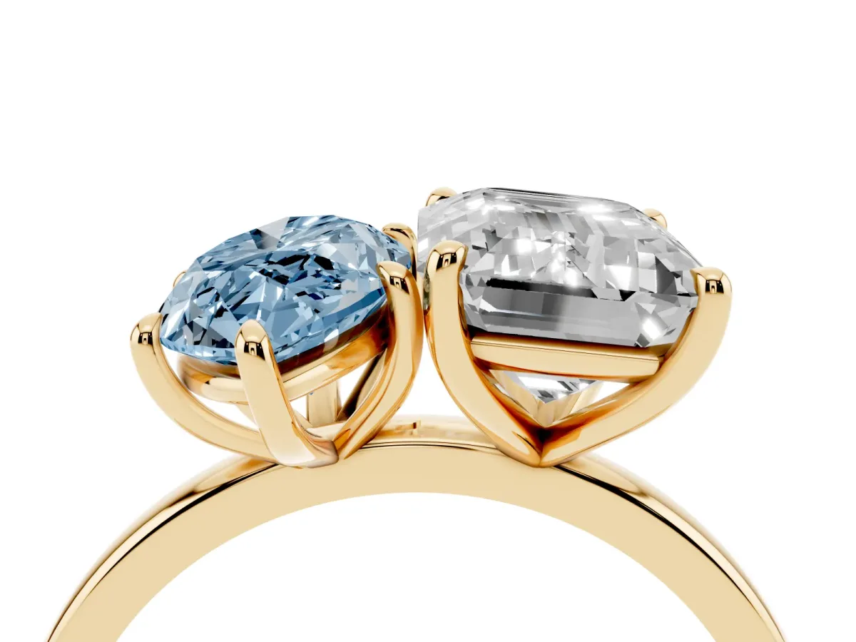 Fancy Blue Marquise Cut and Emerald Cut Toi Moi Ring with Prong Setting Yellow gold