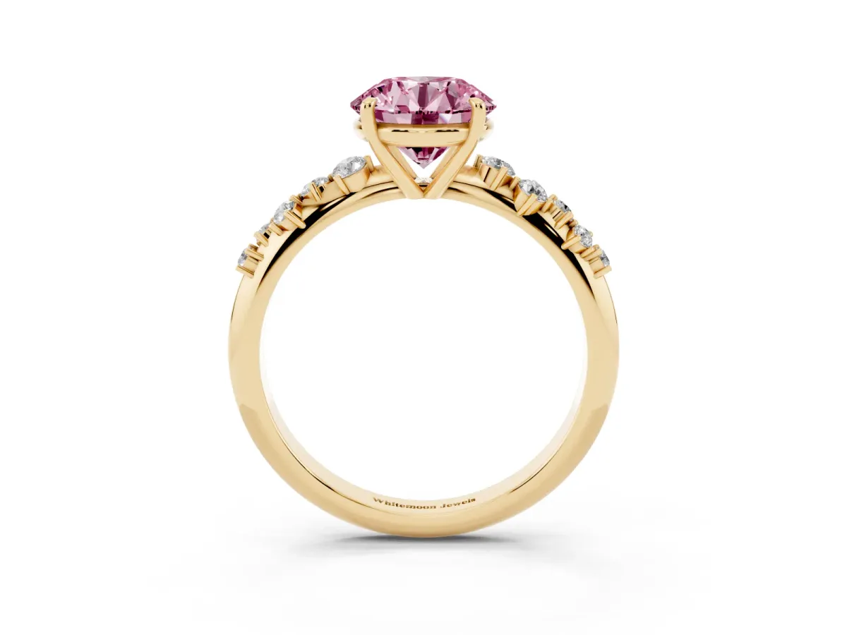 Fancy Pink Round Cut Diamond Cluster Side Stone Solitaire Ring with Prong Setting Yellow gold