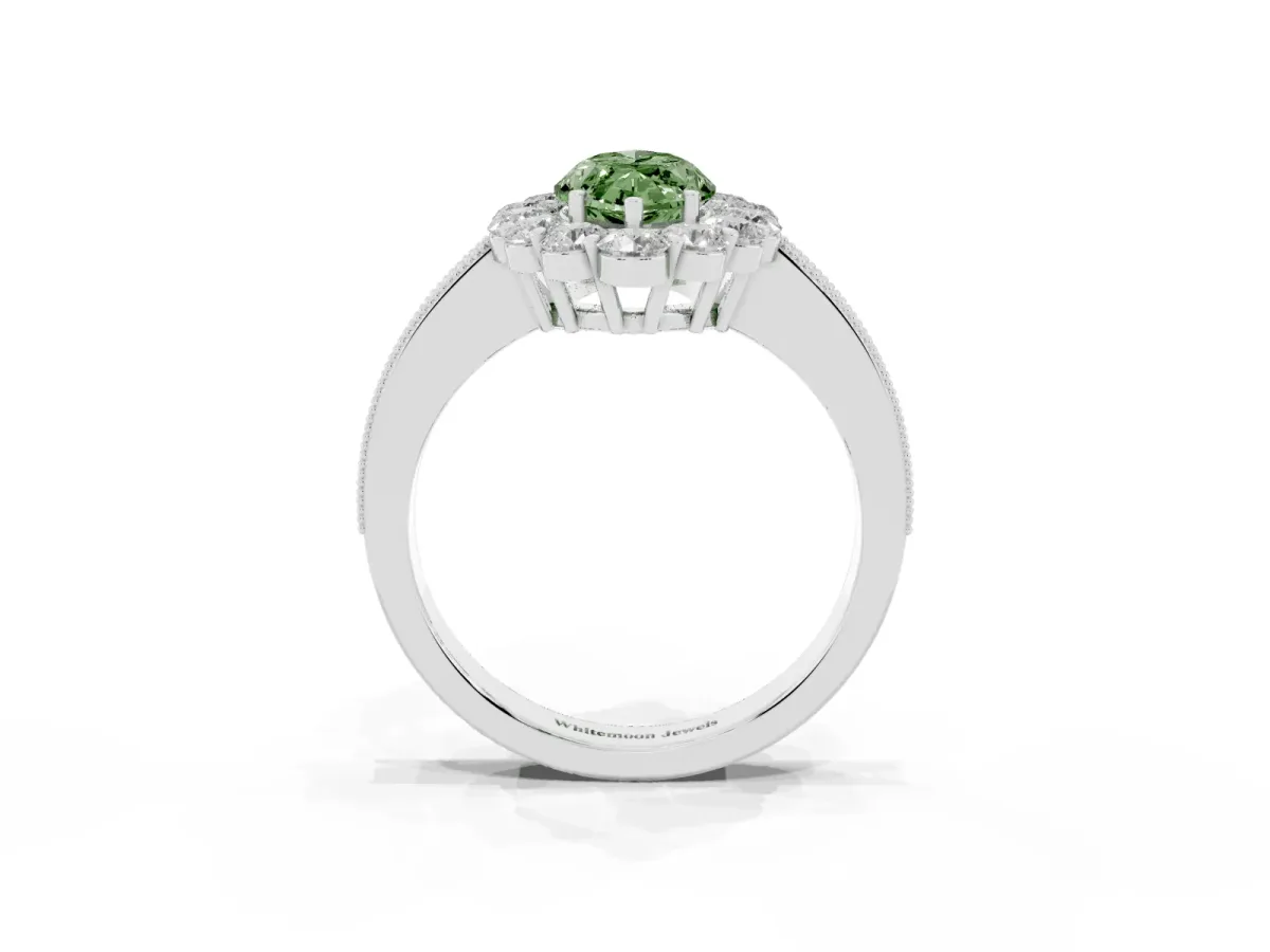 Fancy Green Marquise Cut Cut Halo Diamond Pavé Engagement Ring with Milgrain Detailing Silver