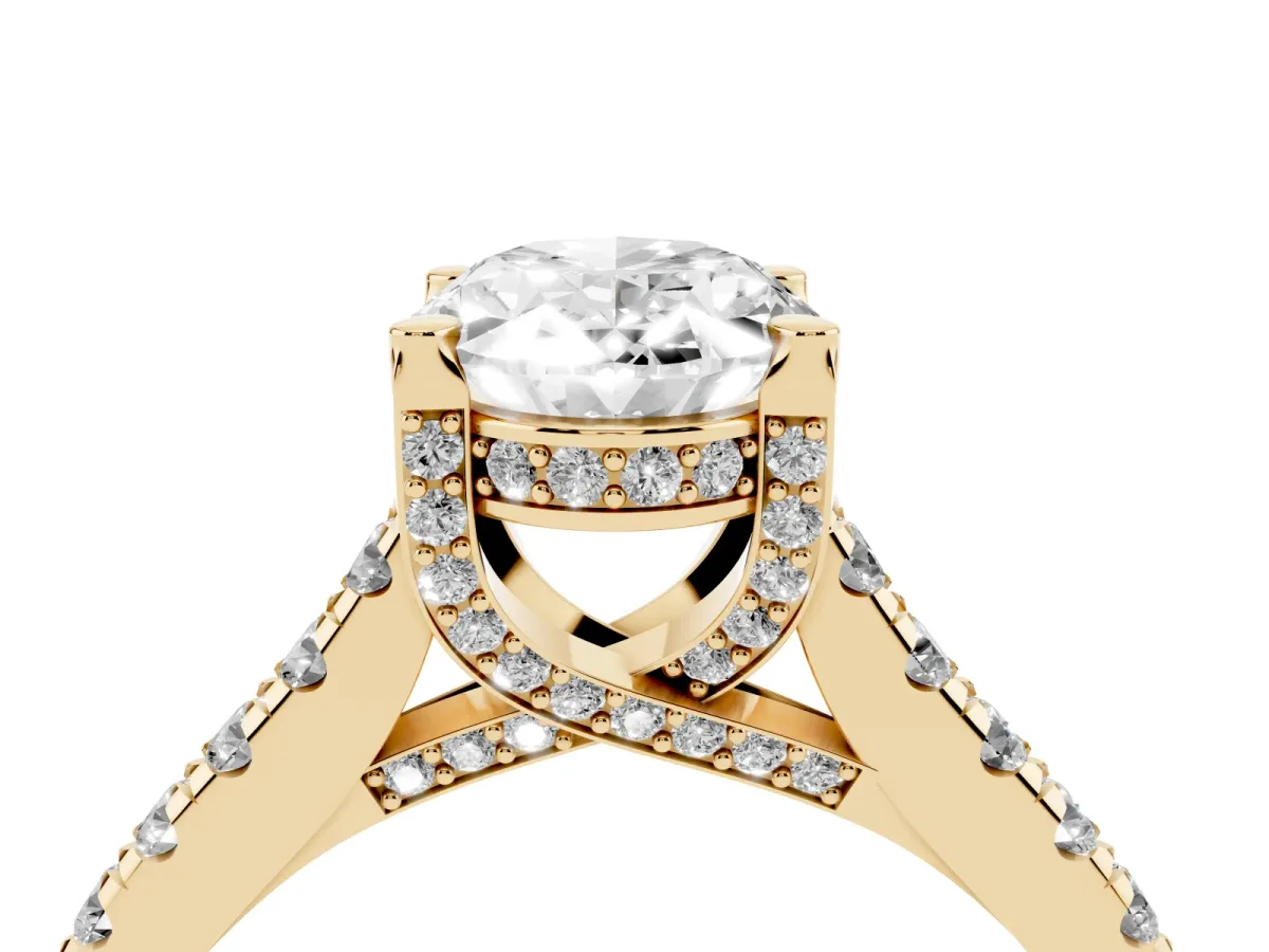 Oval Cut Brilliant Diamond Solitaire with Pavé Band and Four-Prong Setting Yellow gold