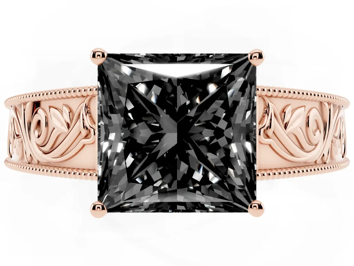 Fancy Black Princess Cut Diamond Solitaire Ring with Engraved Band and Four-Prong Setting Rose gold
