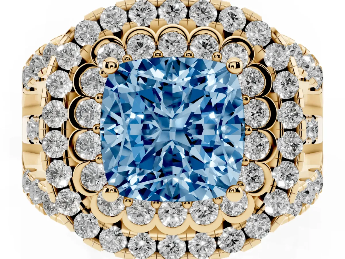 Fancy Blue Cushion Cut Diamond Double Halo Ring with Round Pavé Split Shank and Prong Setting Yellow gold