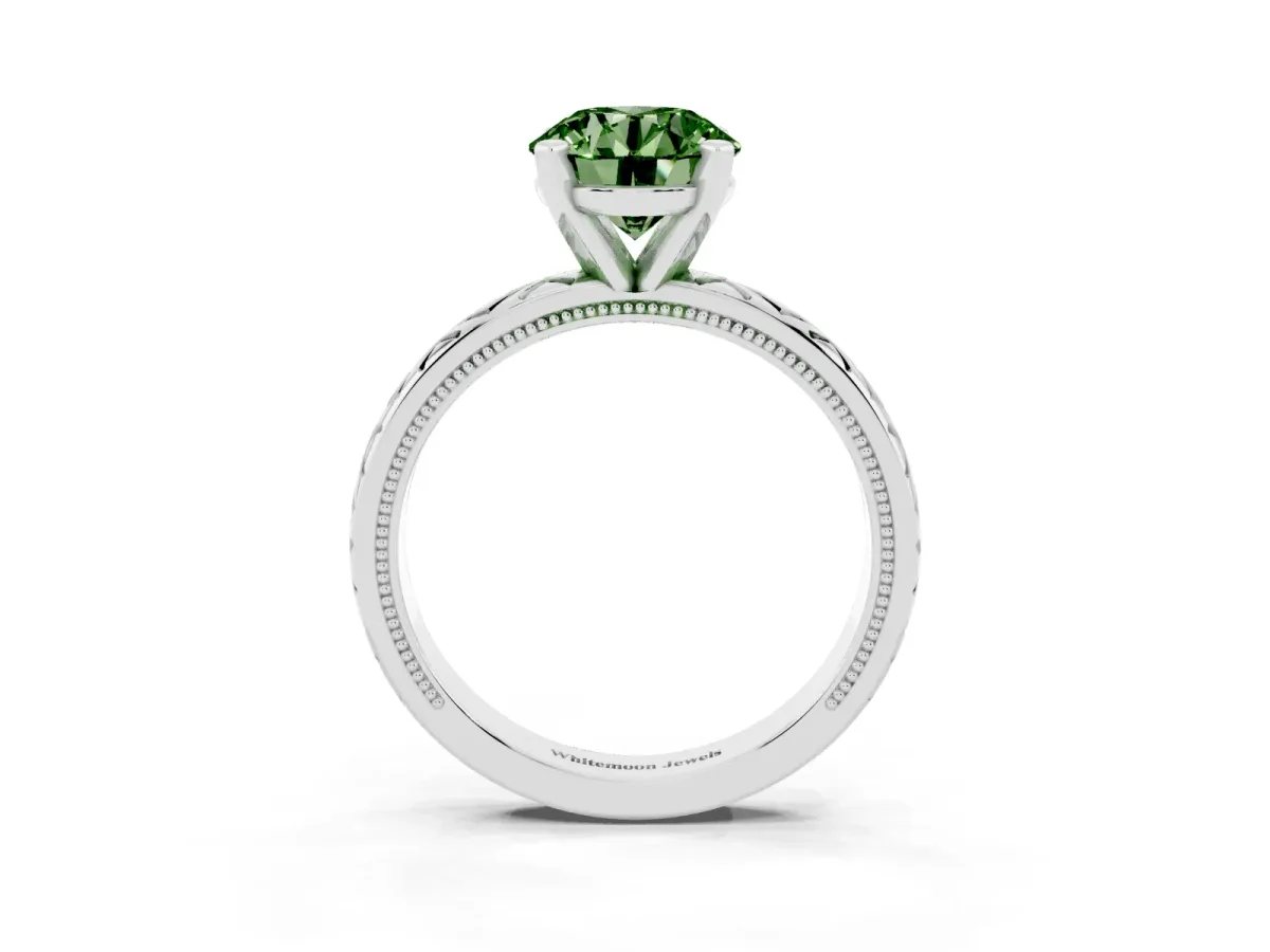 Fancy Green Round Cut Solitaire Diamond Ring with Milgrain and Black Enamel X Pattern Band Silver