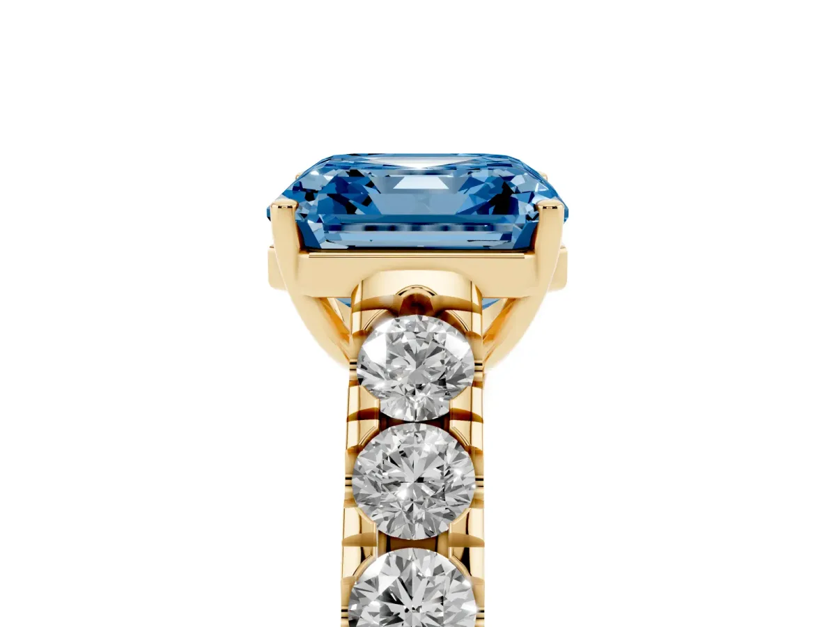 Fancy Blue Asscher Cut Cut Diamond Solitaire Ring with Micro Pave Band and Prong Setting Yellow gold