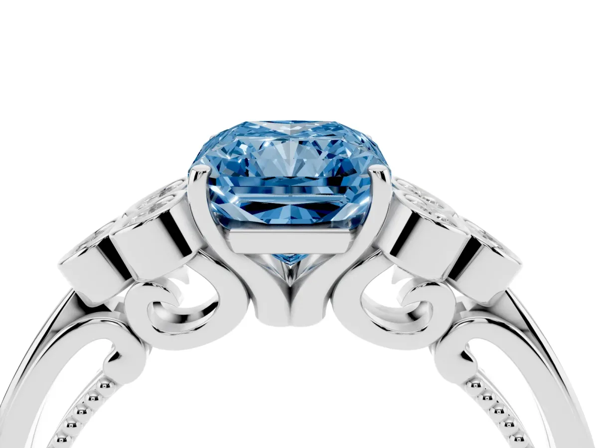 Fancy Blue Radiant Cut Cut Diamond Engagement Ring with Bezel Set Round Side Stones and Prong Setting Platinum