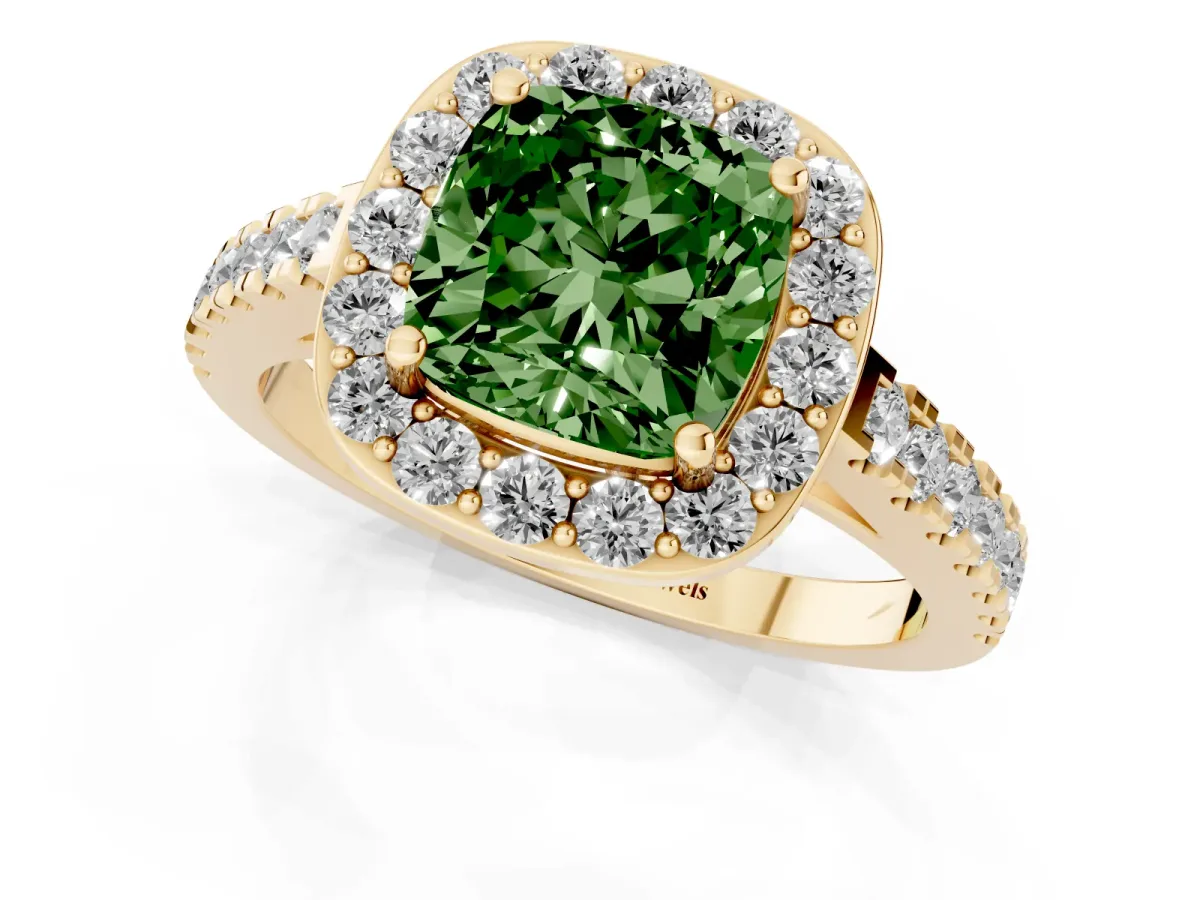 Fancy Green Cushion Cut Diamond Halo Ring with Round Pavé Split Shank and Prong Setting Yellow gold