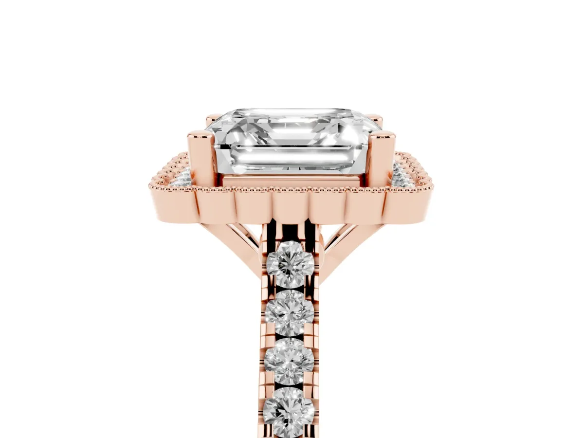 Asscher Cut Cut Diamond Milgrain Floral Halo Engagement Ring with Pavé Band Rose gold