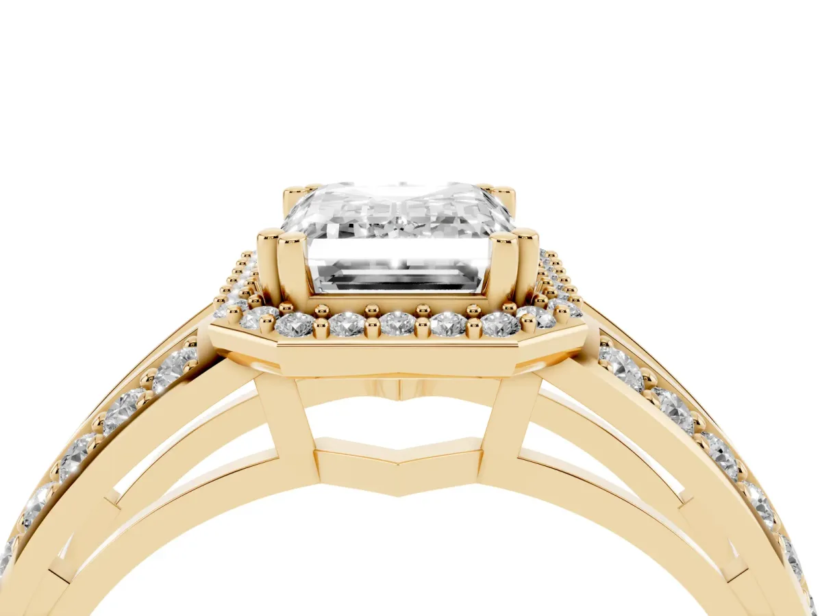 Emerald Cut Diamond Halo Ring with Split Shank Pavé Band and Four-Prong Setting Yellow gold