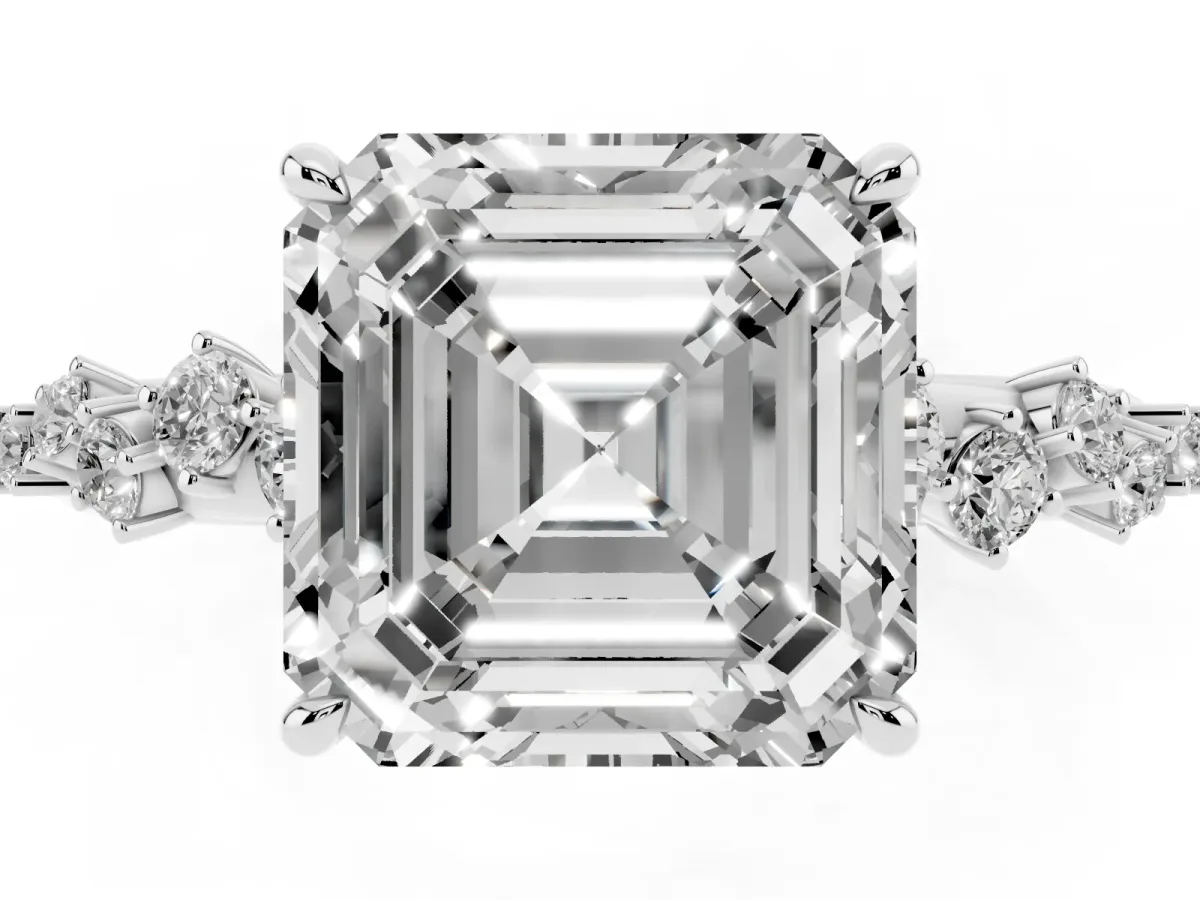 Asscher Cut Diamond Cluster Side Stone Solitaire Ring with Prong Setting Platinum