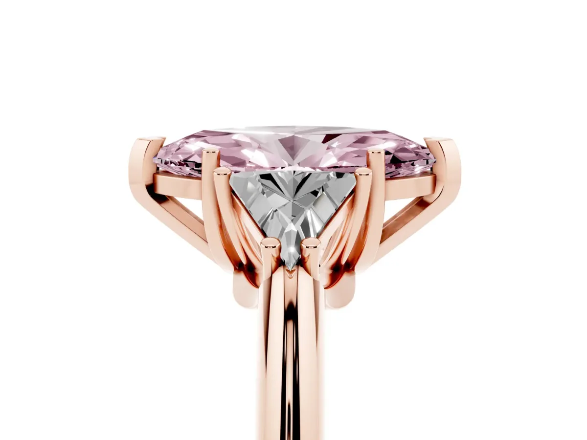 Fancy Pink Three-Stone Marquise Cut Diamond Engagement Ring with Trillion Side Stones and Prong Setting Rose gold