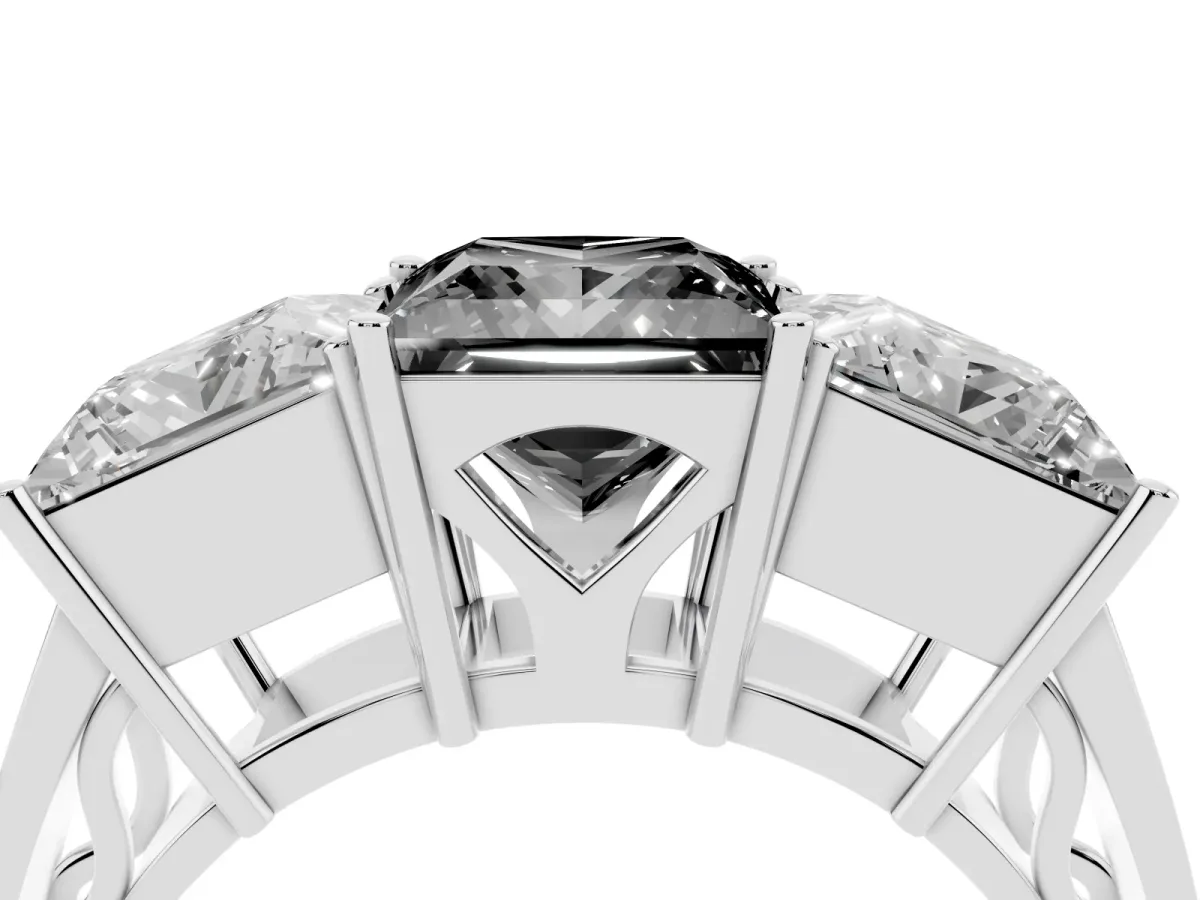 Fancy Black Princess Cut Diamond Three-Stone Ring with Prong Setting and Textured Band Silver
