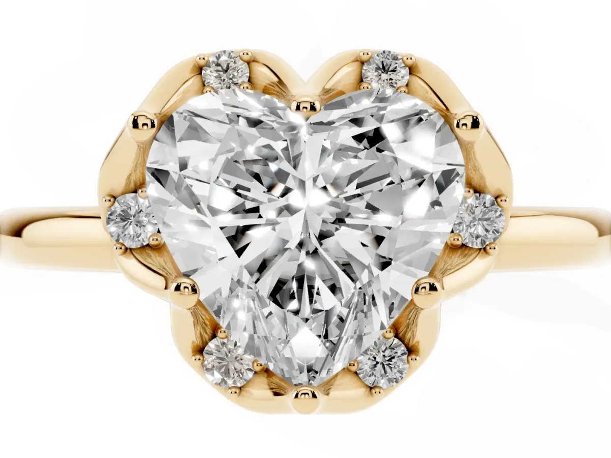 Heart Cut Halo Diamond Ring with Round Cluster Setting, Solitaire Band, and Four-Prong Setting Yellow gold