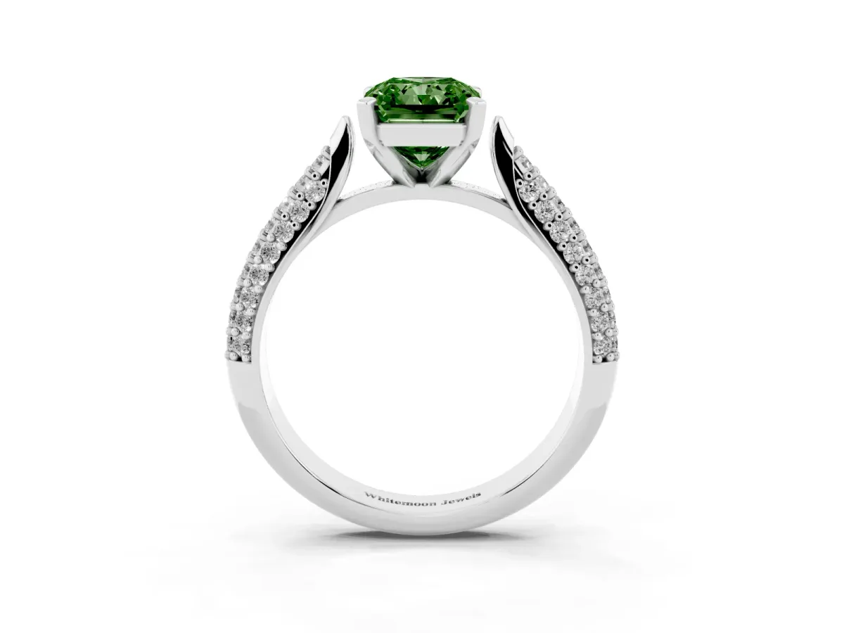 Fancy Green Radiant Cut Diamond Solitaire Engagement Ring with Multi-Row Round Pavé Band and Prong Setting White gold