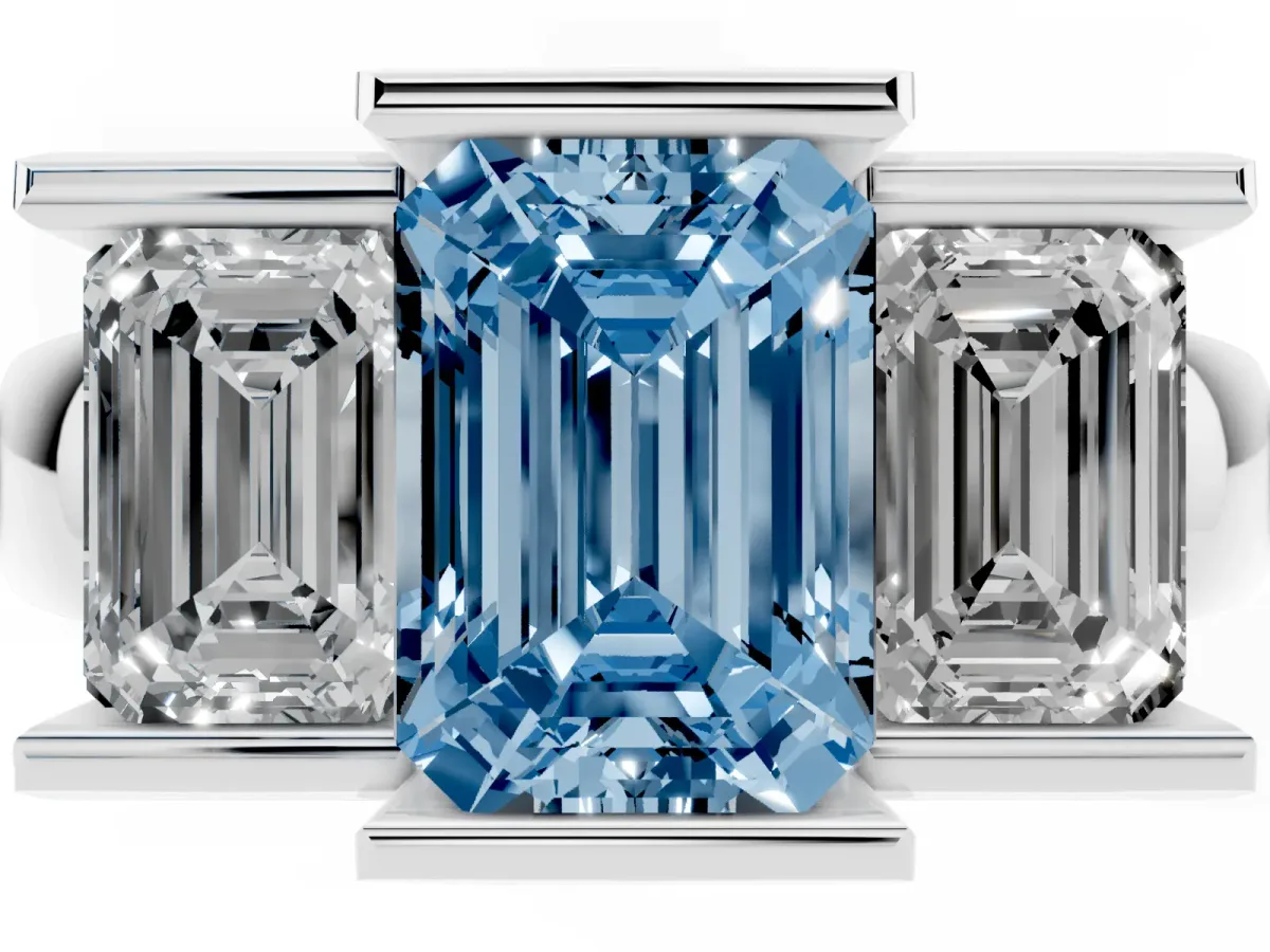 Fancy Blue Three Stone Emerald Cut Cut Channel Set Diamond Ring Silver