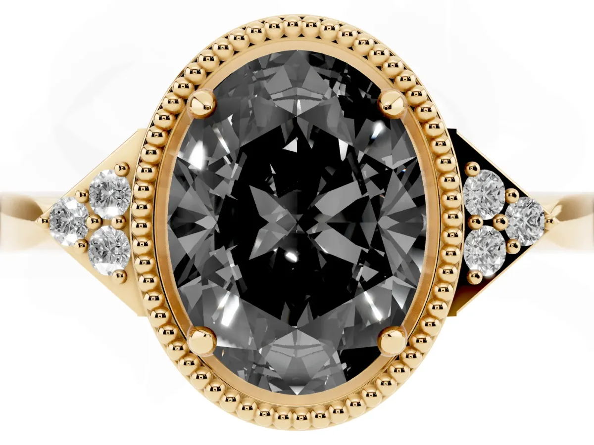 Fancy Black Hexagonal Halo Oval Cut Diamond Solitaire with Pavé Band and Four-Prong Setting Yellow gold