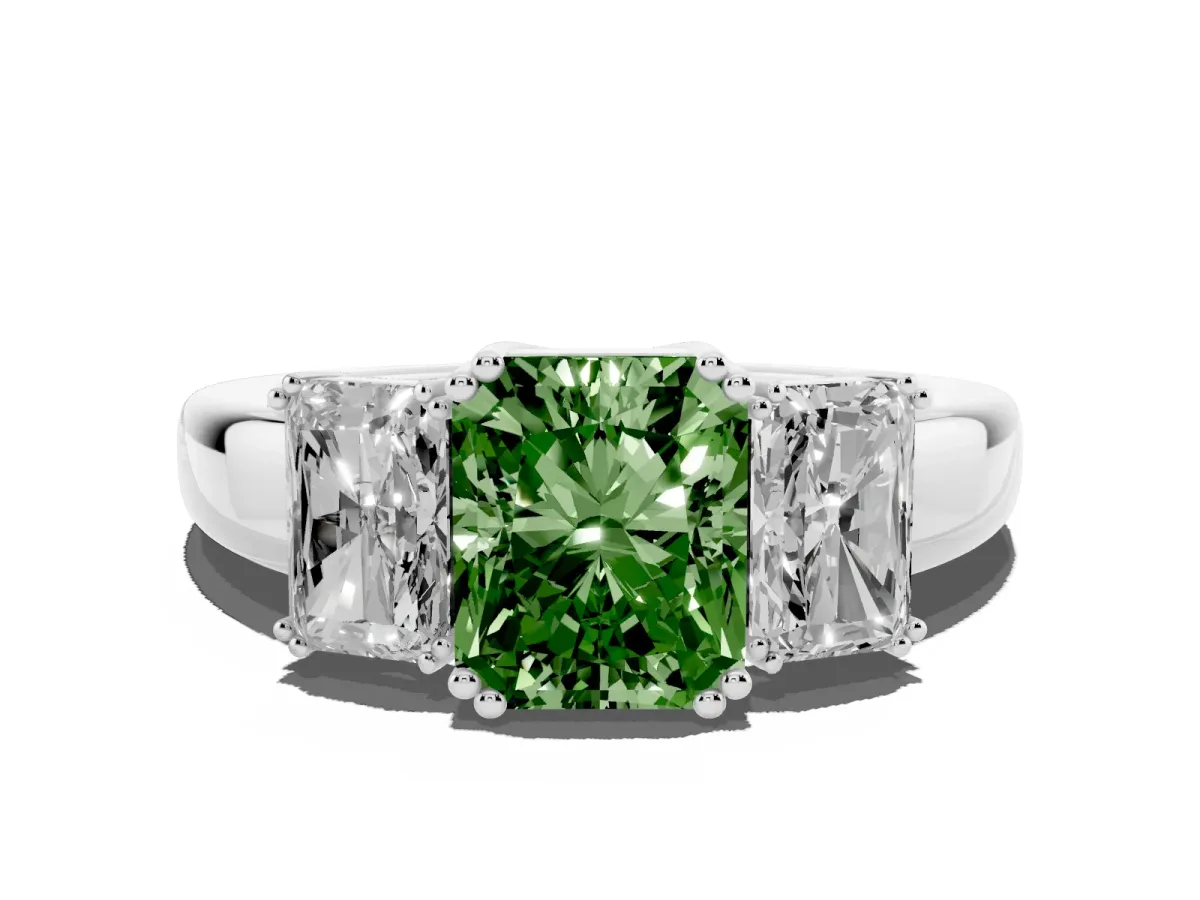 Fancy Green Three-Stone Radiant Cut Cut Diamond Ring with Channel Set Band and Four-Prong Setting White gold