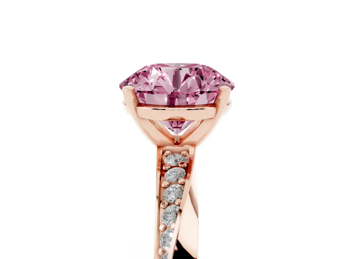 Fancy Pink Round Cut Diamond Engagement Ring with Side Stone Accents and Four-Prong Setting Rose gold