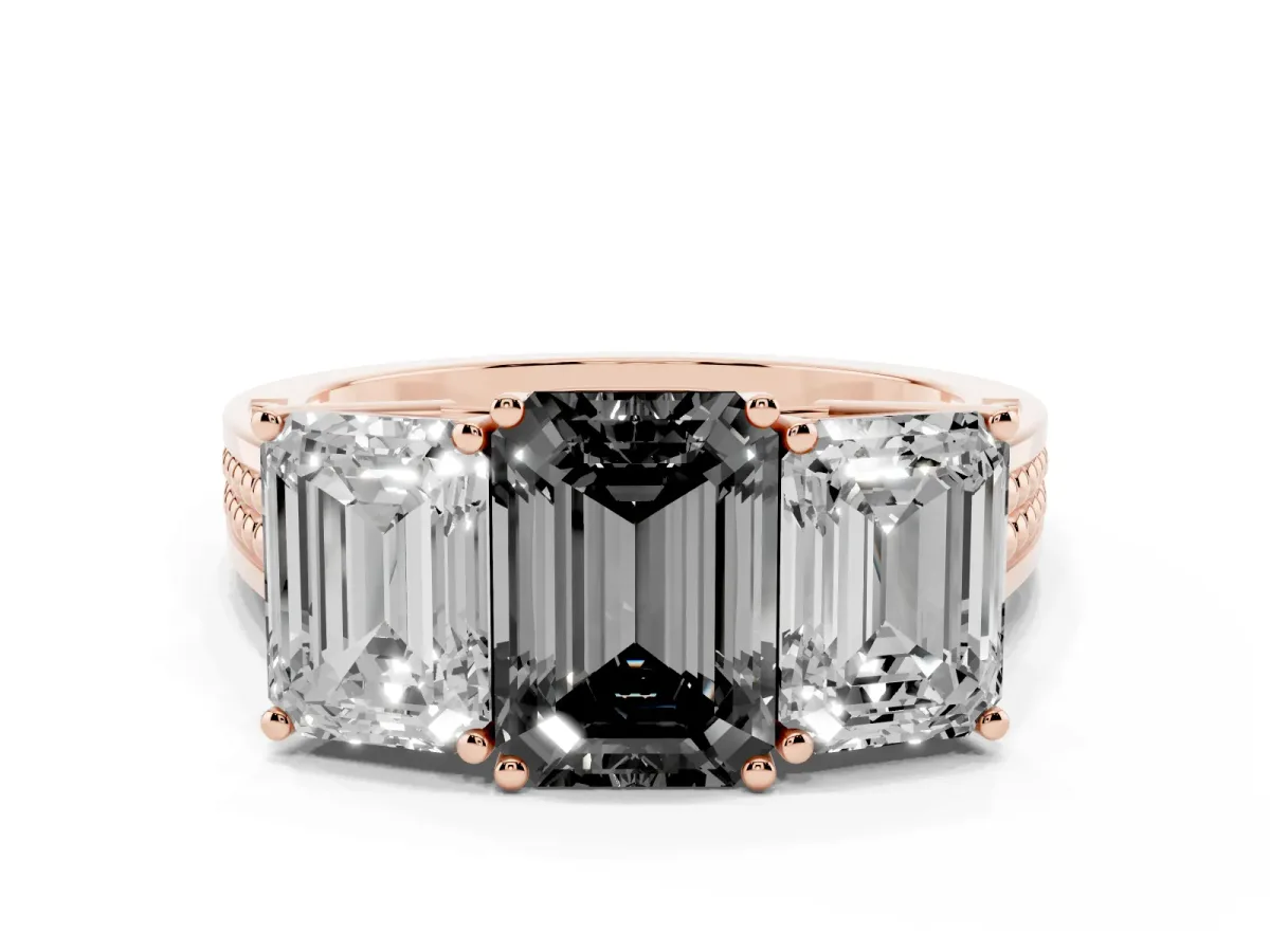 Fancy Black Emerald Cut Diamond Three-Stone Ring with Prong Setting and Textured Band Rose gold