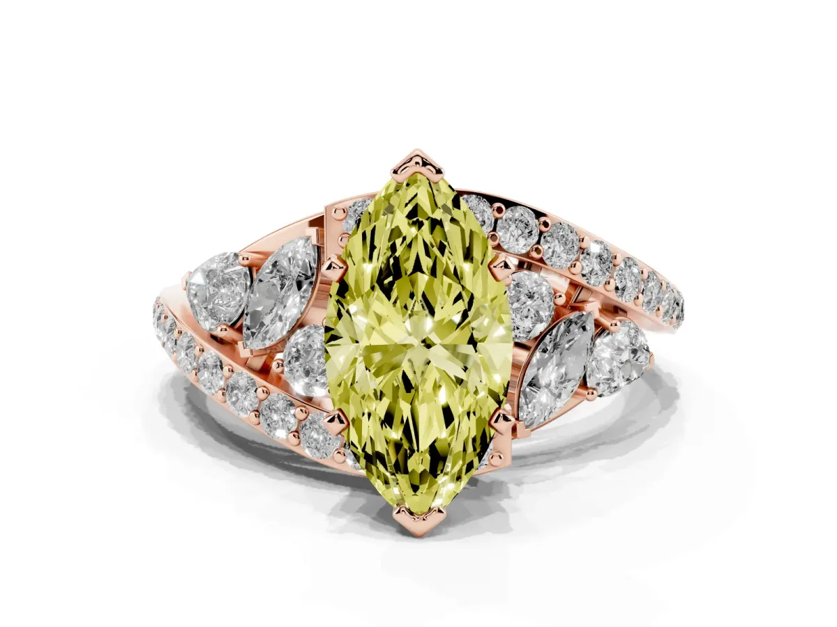 Fancy Yellow Marquise Cut Diamond Halo Ring with Marquise and Pavé Band in Prong Setting Rose gold