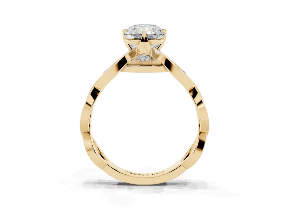 Radiant Cut Solitaire Twist Band with Leaf Prong Setting Yellow gold
