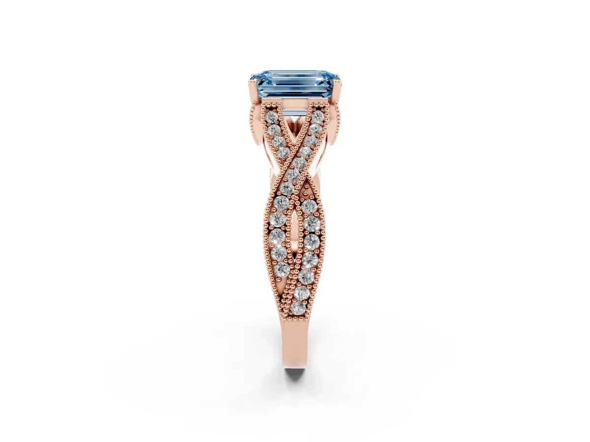 Fancy Blue Emerald Cut Cut Diamond Twisted Band with Milgrain Pave Setting and Four-Prong Setting Rose gold