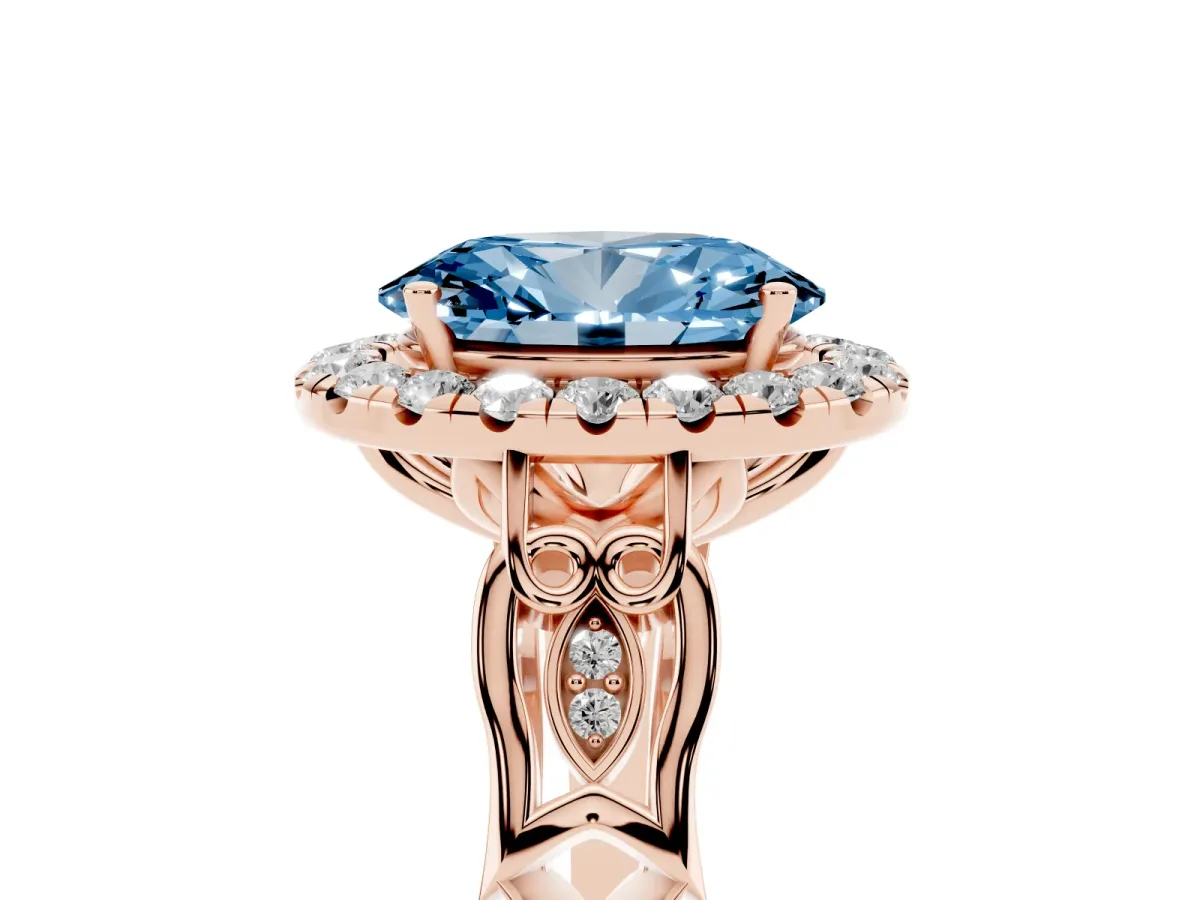 Fancy Blue Oval Cut Halo Diamond Engagement Ring with Filigree Band and Four-Prong Setting Rose gold