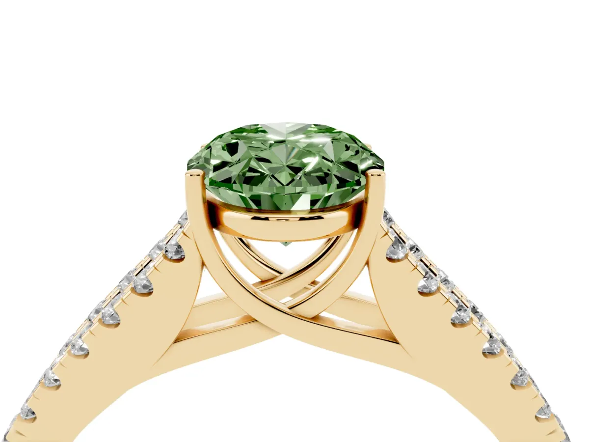 Fancy Green Oval Cut Diamond Split Shank Pavé Engagement Ring with Four-Prong Setting Yellow gold