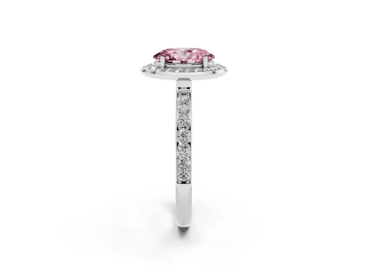 Fancy Pink Oval Cut Diamond Halo Ring with Bezel Frame and Pavé Band Silver