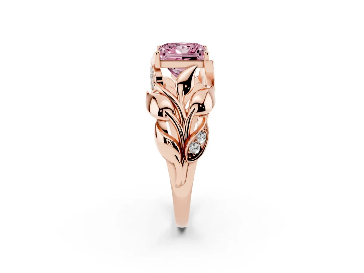 Fancy Pink Princess Cut Diamond Leaf-Inspired Engagement Ring with Round Accents and Prong Setting Rose gold