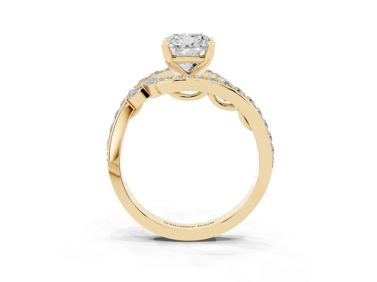 Cushion Cut Diamond Solitaire Ring with Filigree Band and Four-Prong Setting Yellow gold