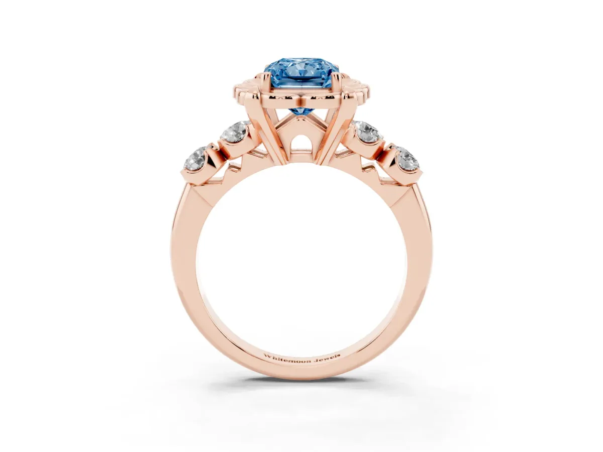 Fancy Blue Radiant Cut Cut Diamond Floral Halo Engagement Ring with Shared Prong Setting Rose gold