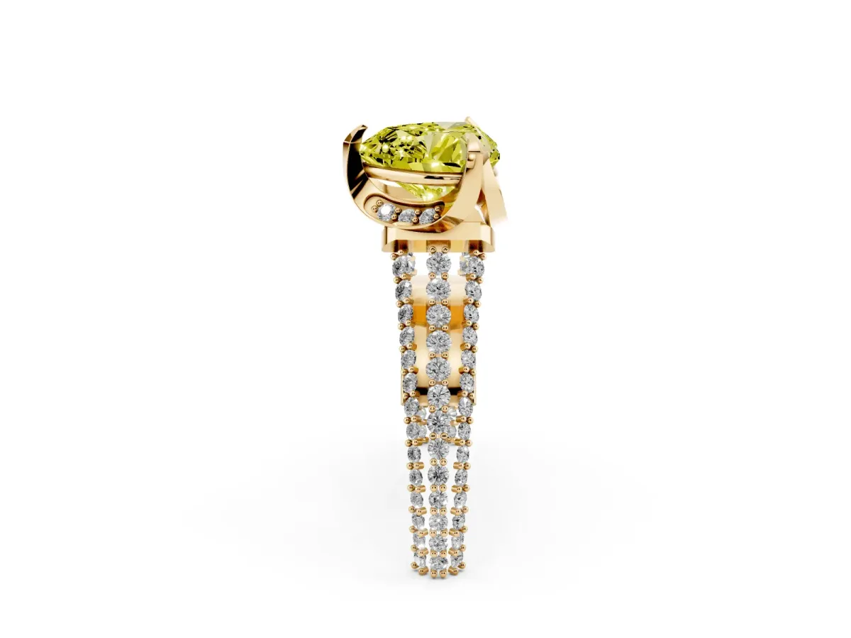 Fancy Yellow Heart Cut Solitaire Pave Split Shank Ring with Four-Prong Setting Yellow gold