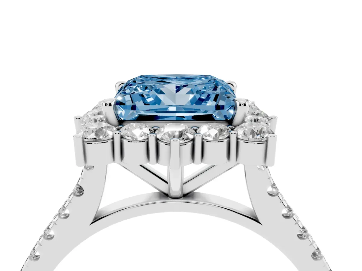 Fancy Blue Princess Cut Halo Diamond Ring with Pavé Band and Prong Setting Platinum