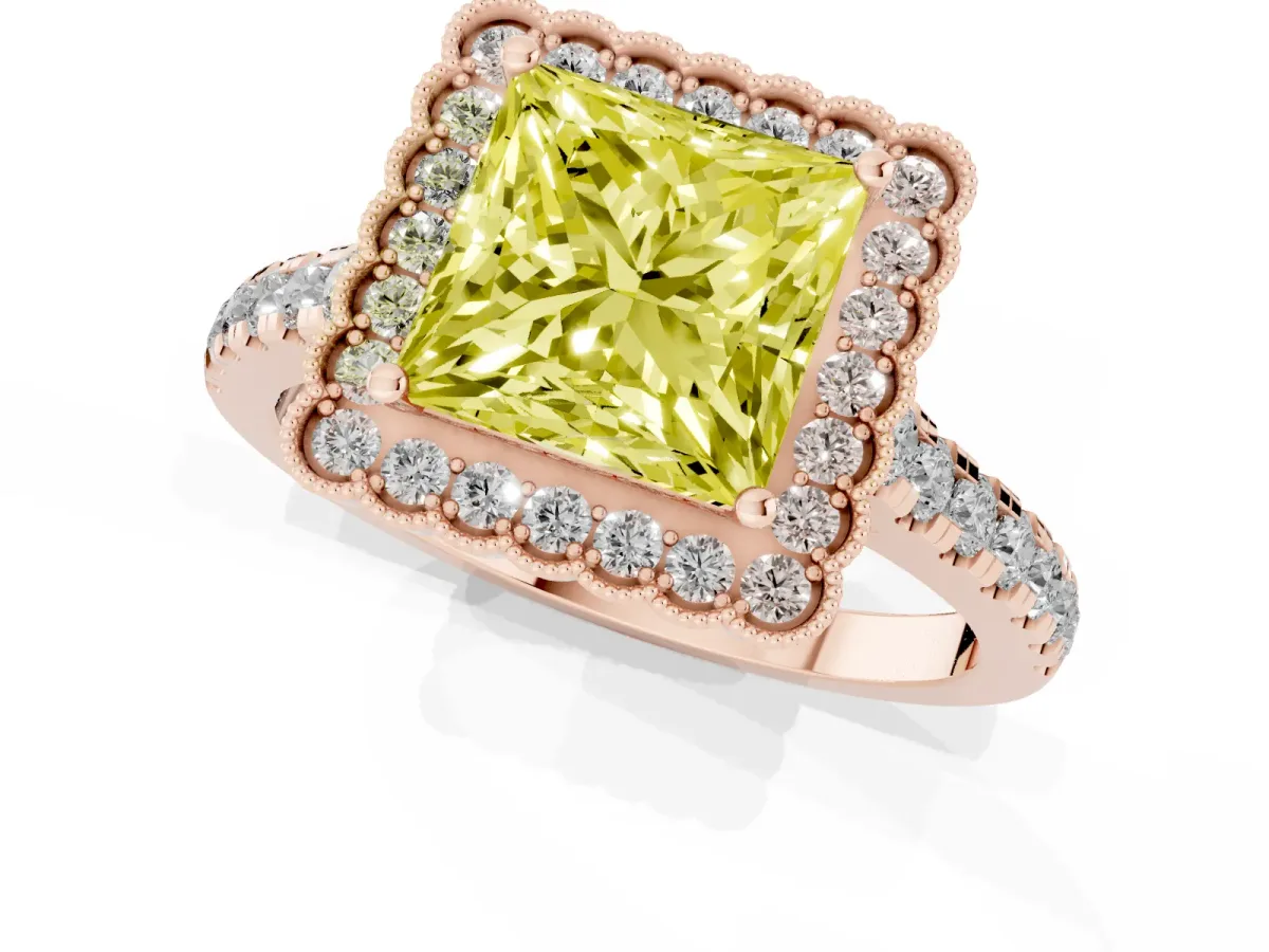 Fancy Yellow Princess Cut Cut Diamond Milgrain Floral Halo Engagement Ring with Pavé Band Rose gold