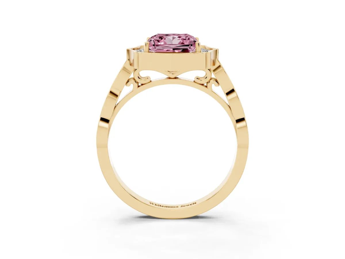 Fancy Pink Princess Cut Halo Diamond Engagement Ring with Milgrain Band and Four-Prong Setting Yellow gold
